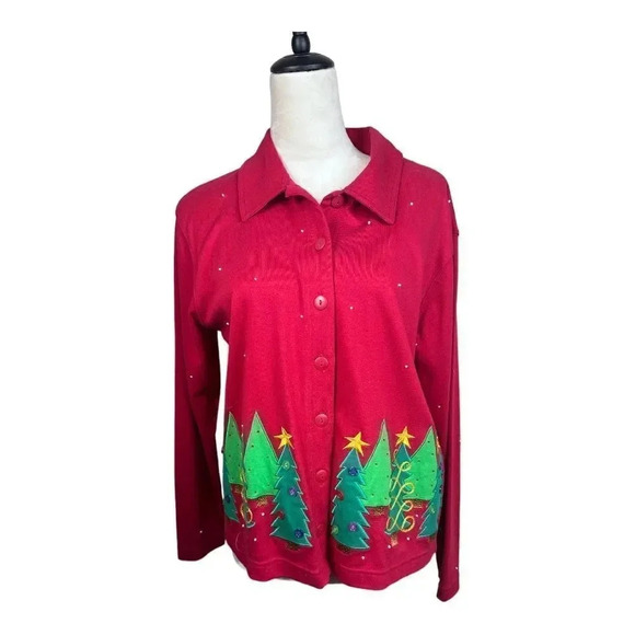 Béchamel red Christmas button down cardigan with appliqué trees size small - Picture 1 of 8